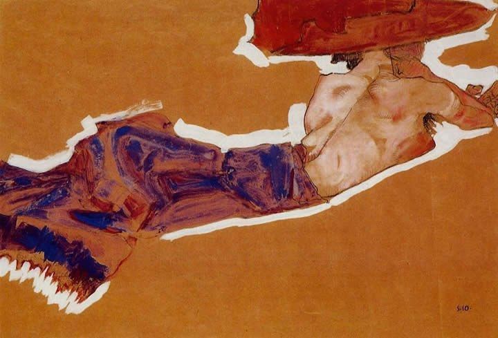 Egon Schiele Reclining Semi Nude with Red Hat Gertrude Schiele